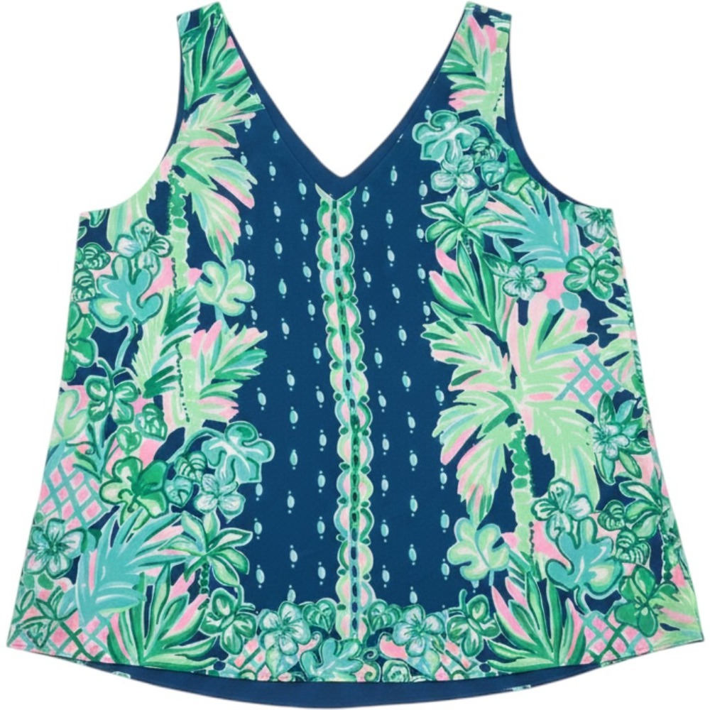 Lilly Pulitzer Florin Reversible‎ Tank Top Tropical Palm Floral Blue Green T2